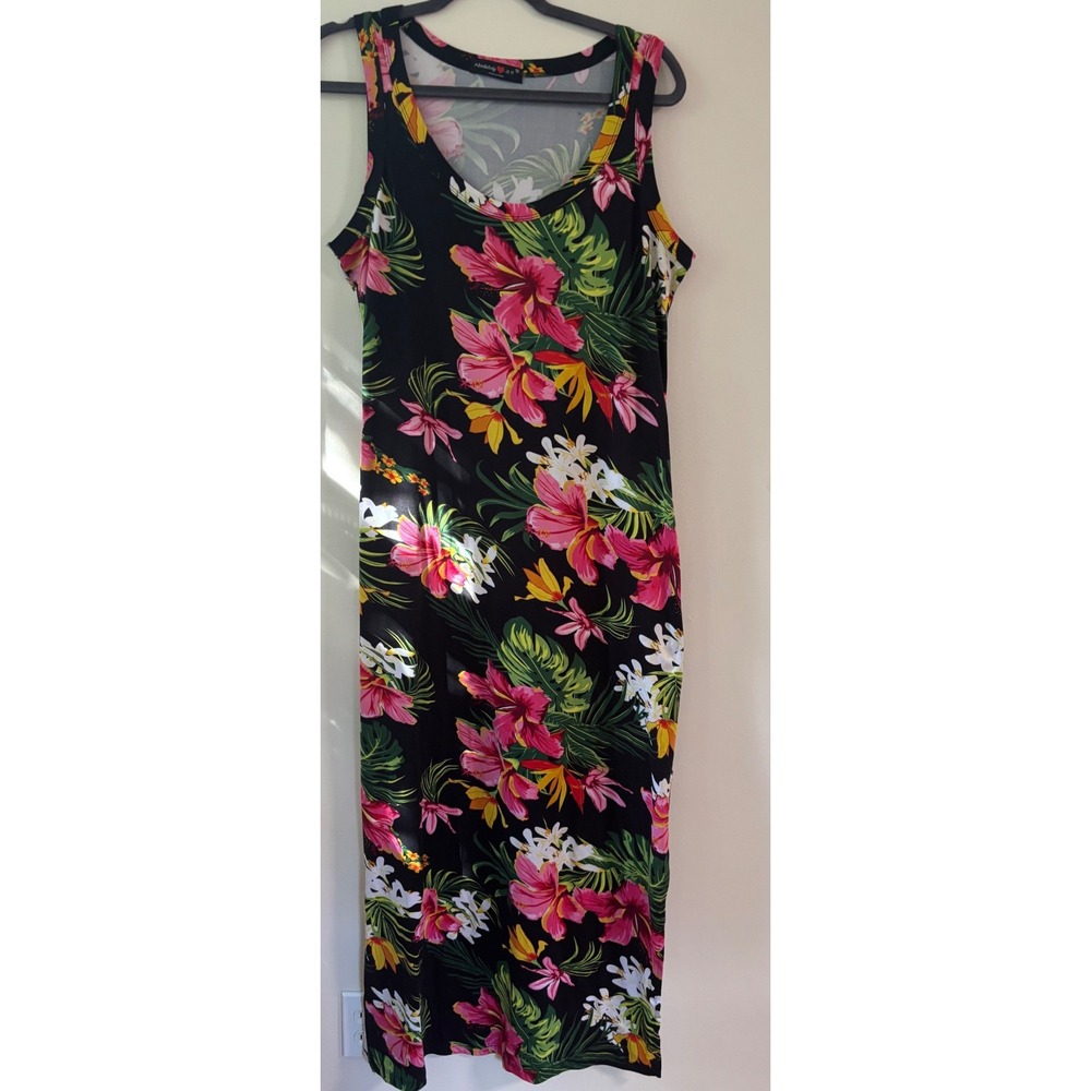 Tropical Floral Maxi Dress Black Pink Hibiscus Sz. 1X Resortwear Tropical Floral
